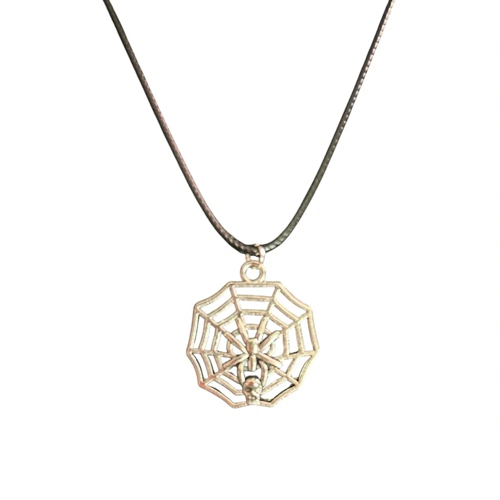 Spider Web Skull Pendant Necklace Gothic Aesthetic Black Cord Jewelry Unisex